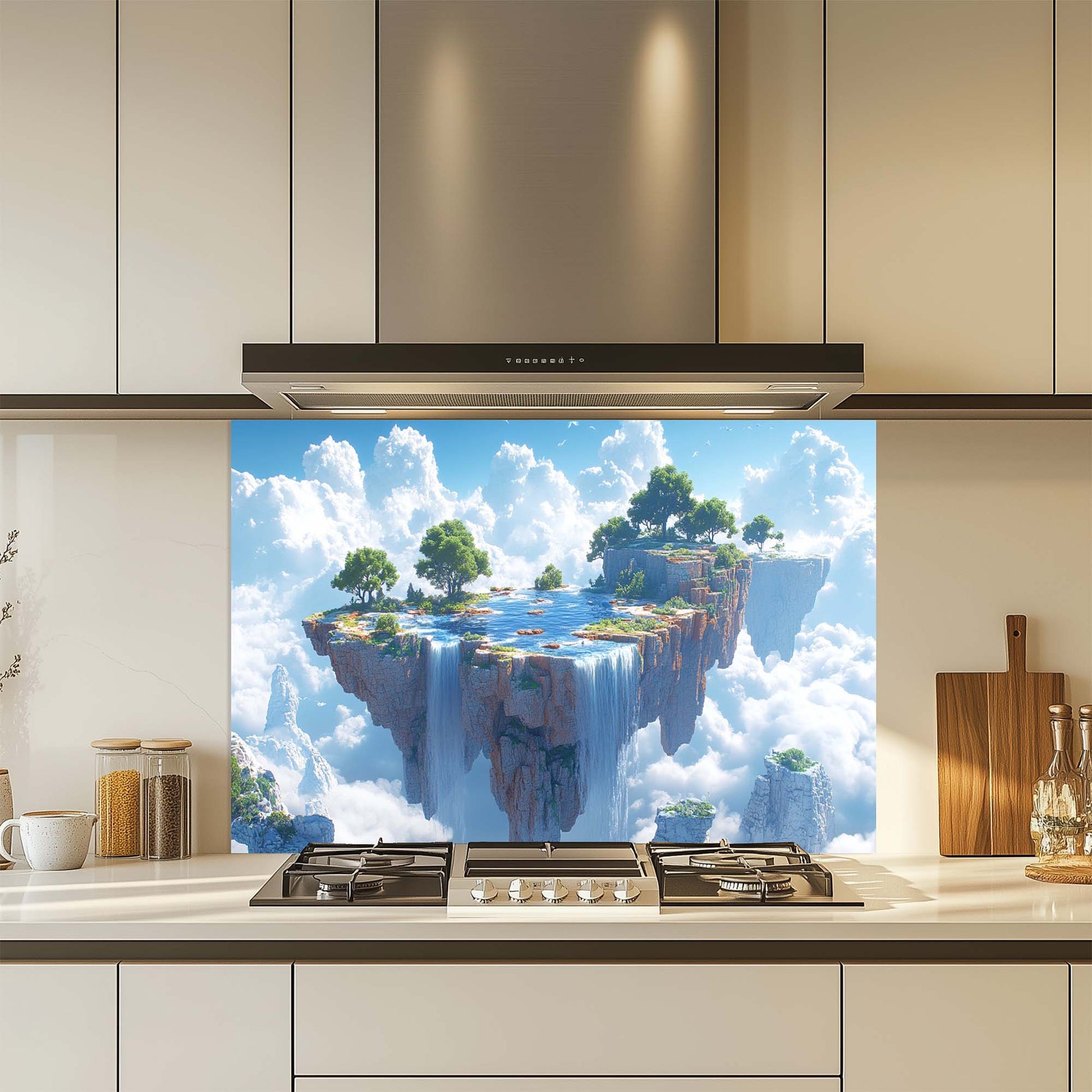 Kitchen with a decorative glass splashback featuring a floating island scene.
