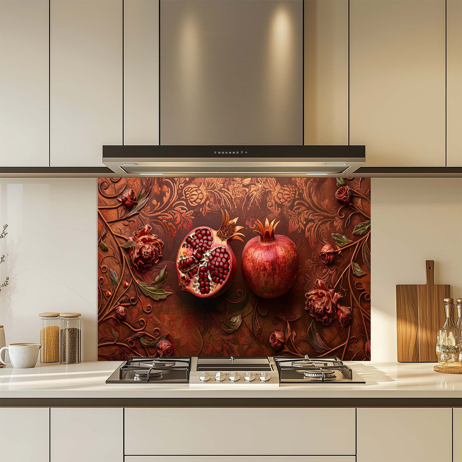 Kitchen with decorative pomegranate design on a glass backsplash