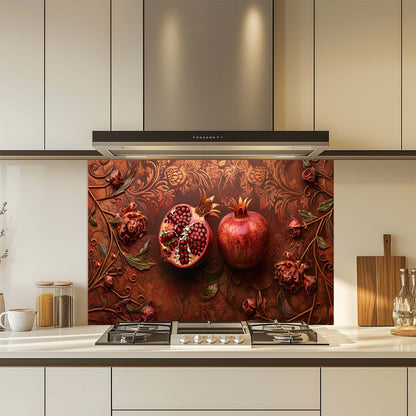 Kitchen with decorative pomegranate design on a glass backsplash