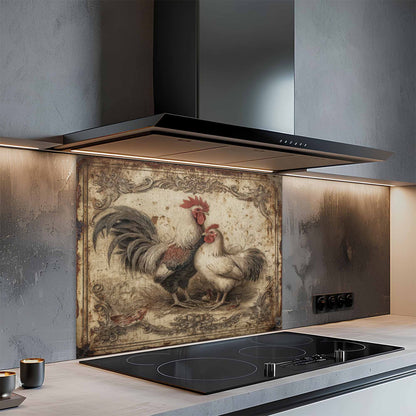 Modern kitchen with a decorative rooster glass backsplash and stainless steel stove.