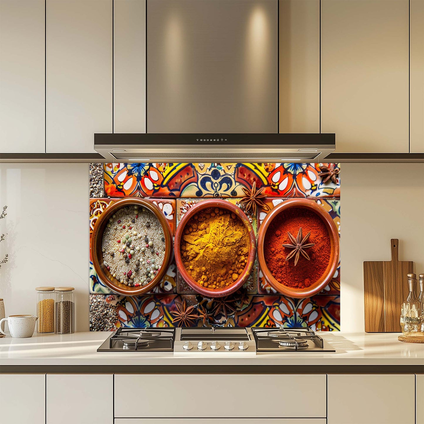 Kitchen backsplash with colorful design of spices and cookware