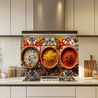 Kitchen backsplash with colorful design of spices and cookware