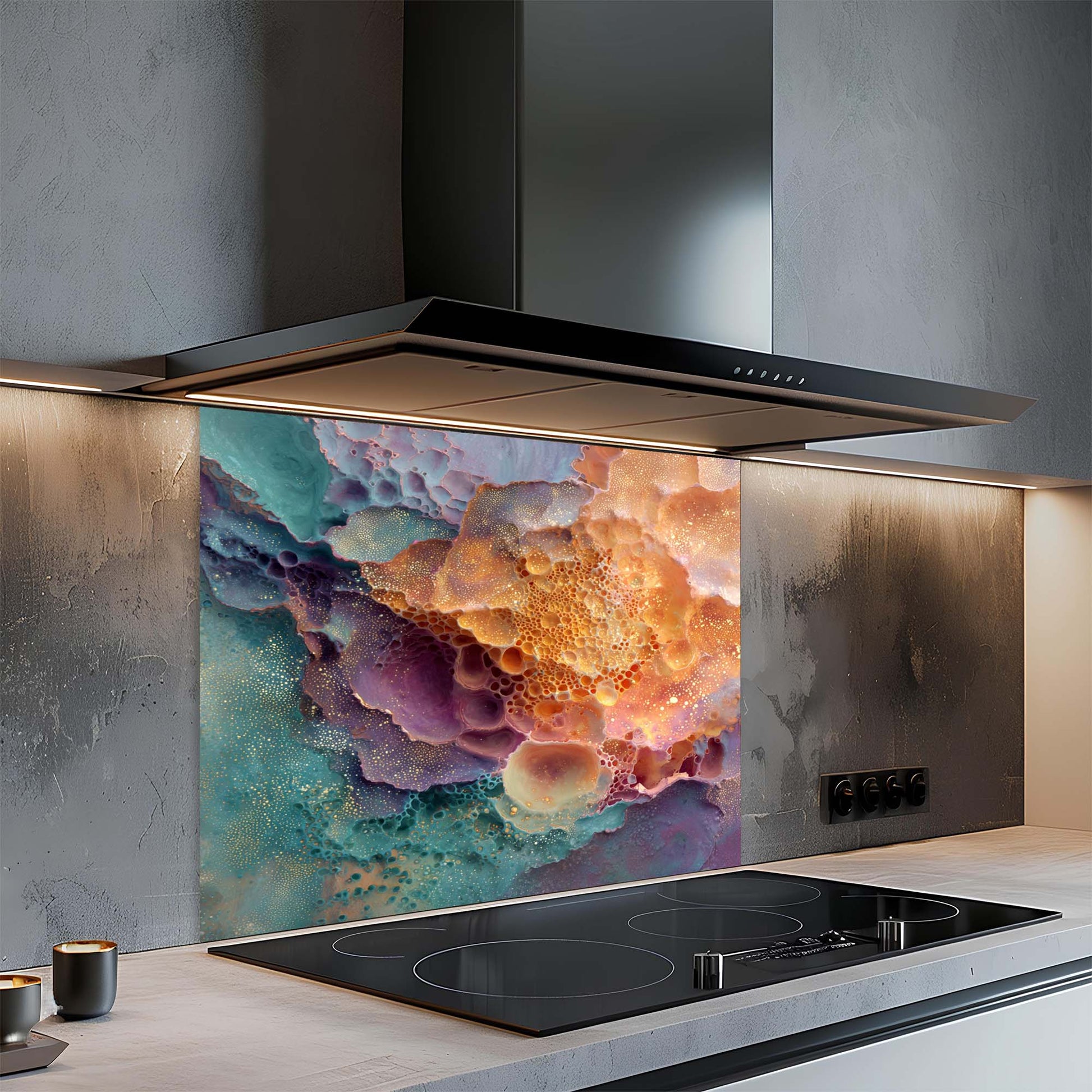 Modern kitchen with a colorful glass splashback behind a stove.