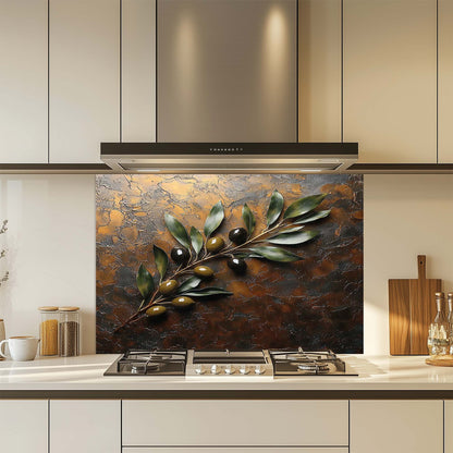 Kitchen with decorative backsplash featuring olive branch and olives