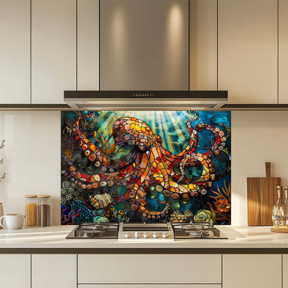 Colorful abstract design on a kitchen glass backsplash with modern cabinets and appliances.