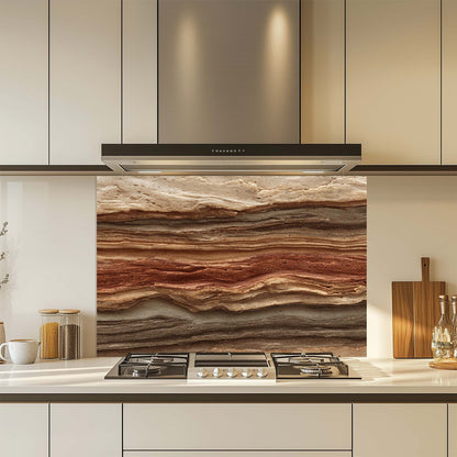 Modern kitchen with a decorative glass backsplash featuring a stone pattern.