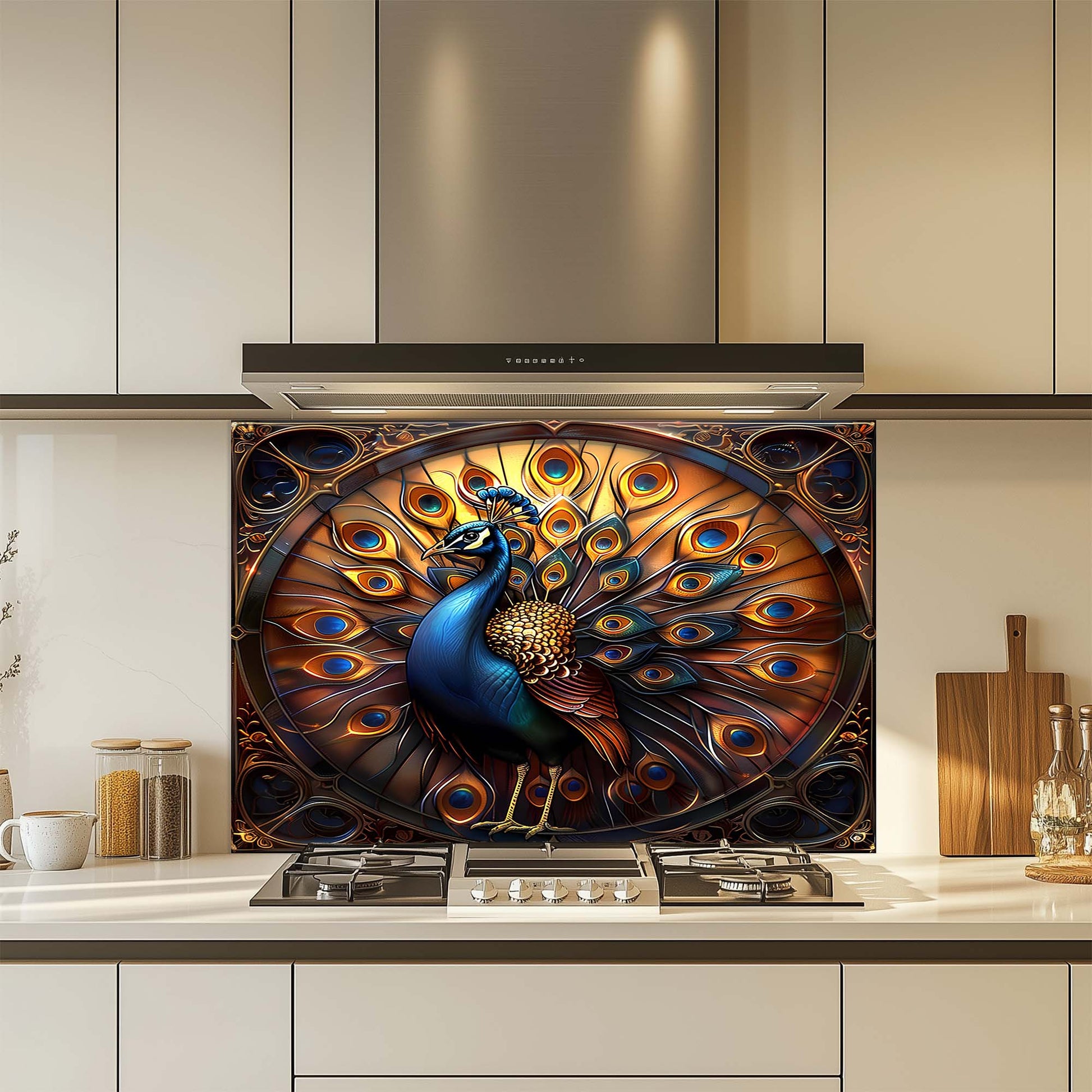 Decorative glass splashback with a peacock design in a kitchen setting
