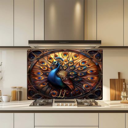 Decorative glass splashback with a peacock design in a kitchen setting