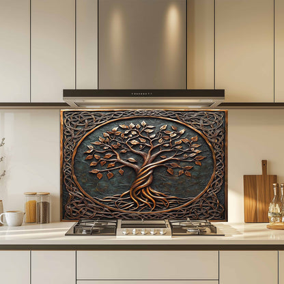 Kitchen backsplash with tree design above a kitchen stove