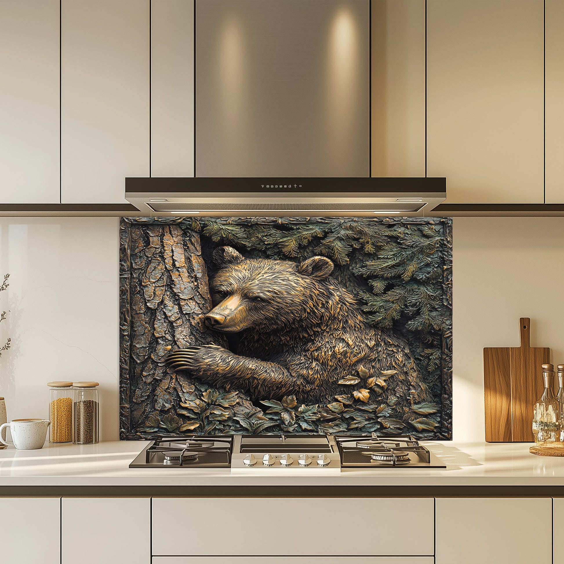 Kitchen with a decorative bear tempered glass backsplash above a stove.
