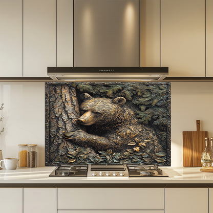 Kitchen with a decorative bear tempered glass backsplash above a stove.