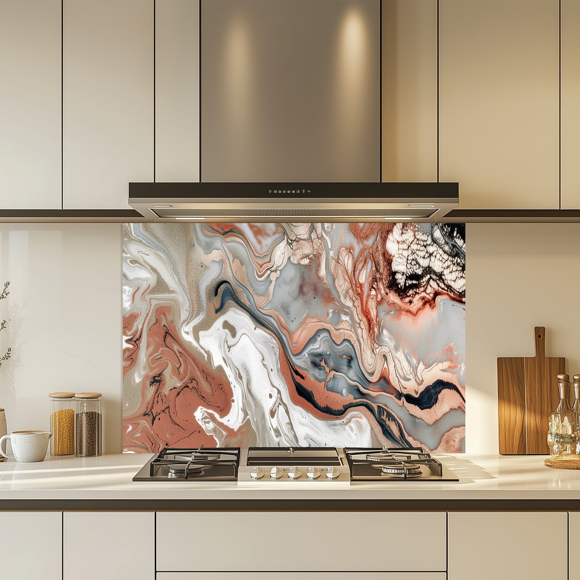 Modern kitchen with a colorful abstract design on the backsplash