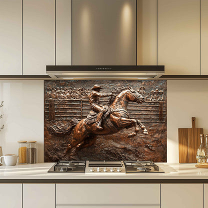 Bronze look backsplash of a cowboy on a horse in a modern kitchen.