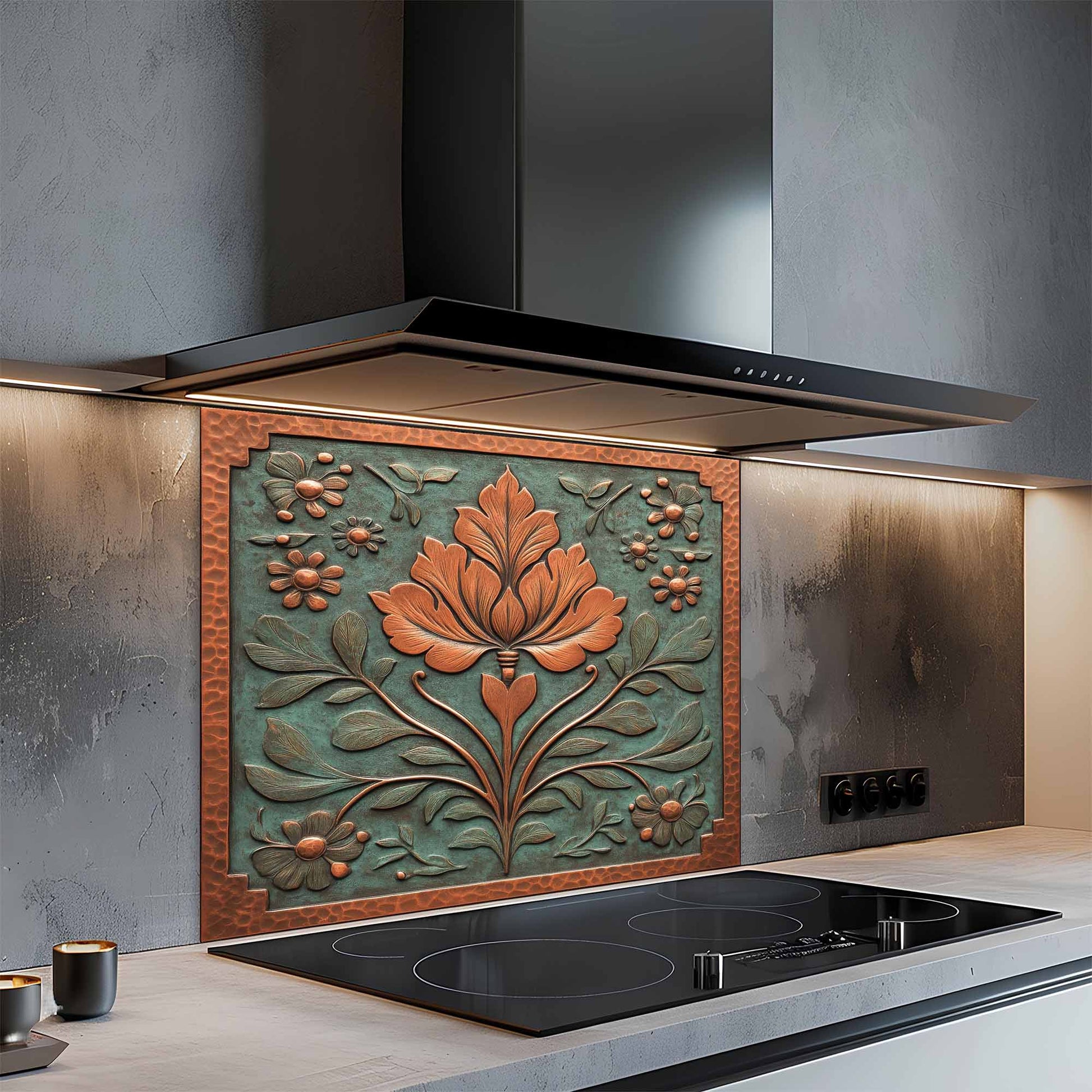 Decorative floral backsplash above a stove in a modern kitchen.