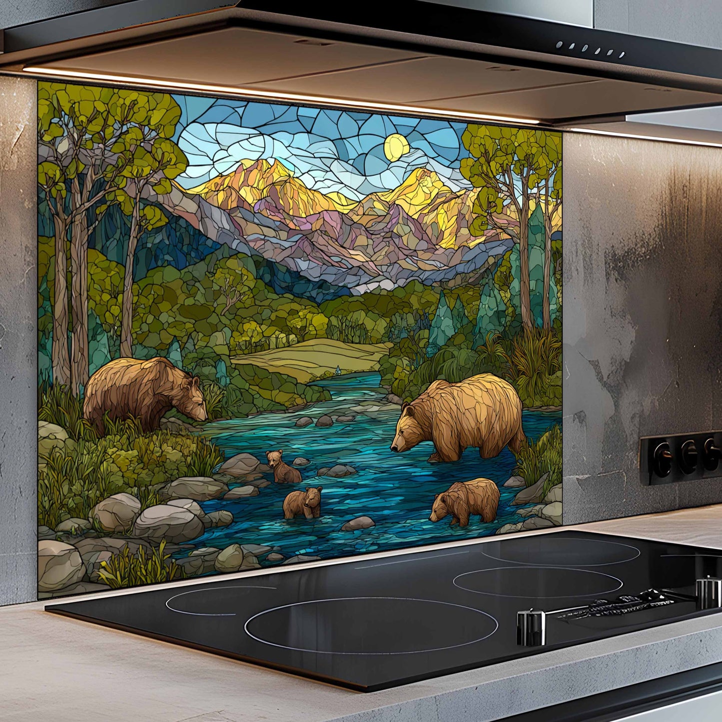 Decorative glass splashback with bears and a mountain scene above a stove.