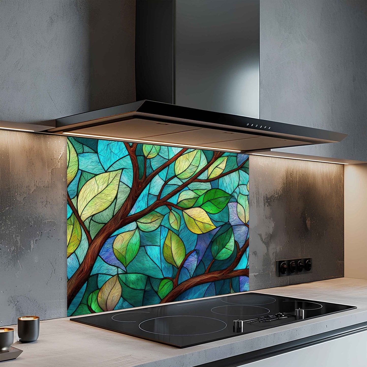 Kitchen with a colorful stained glass backsplash featuring leaves.