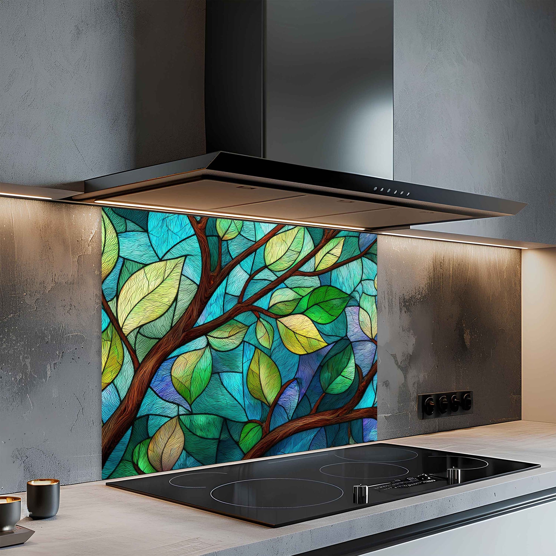 Kitchen with a colorful stained glass backsplash featuring leaves.