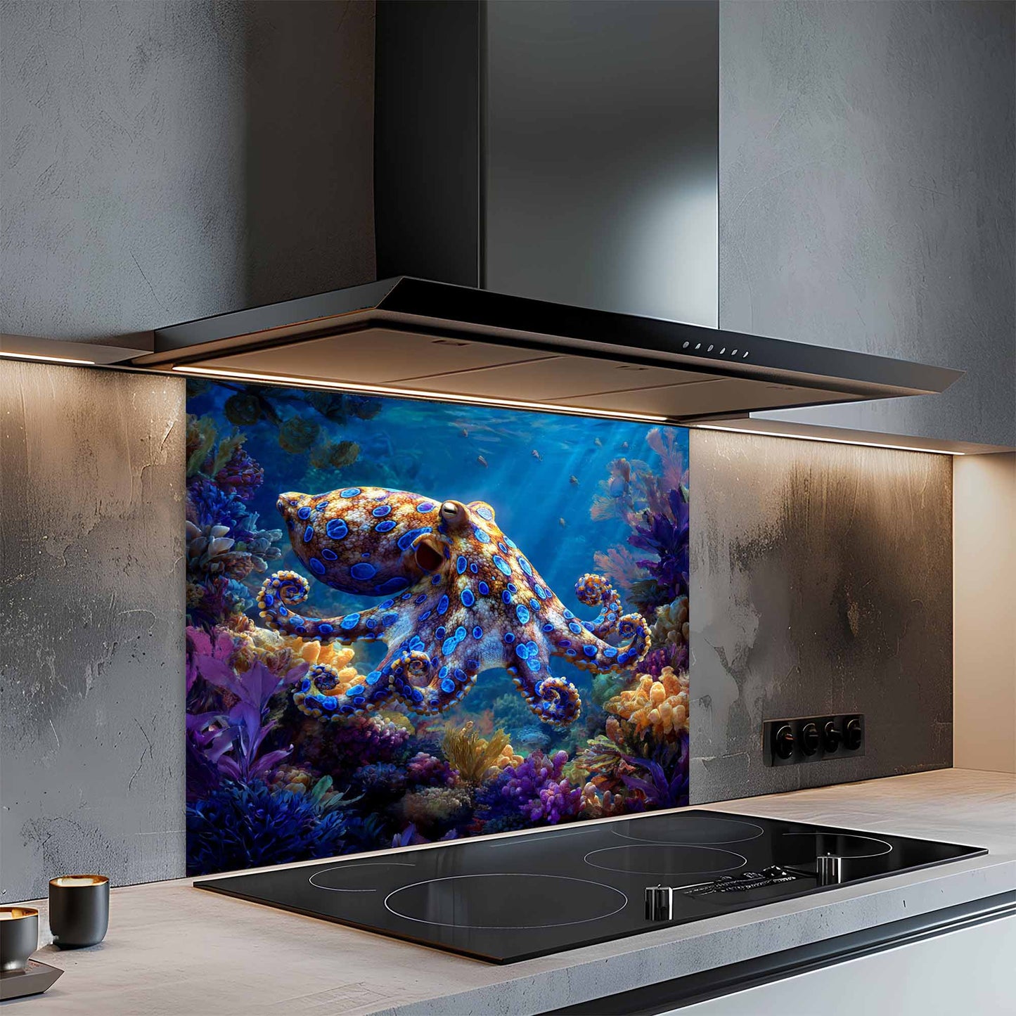 Modern kitchen with a glass splashback featuring an underwater scene with an octopus.
