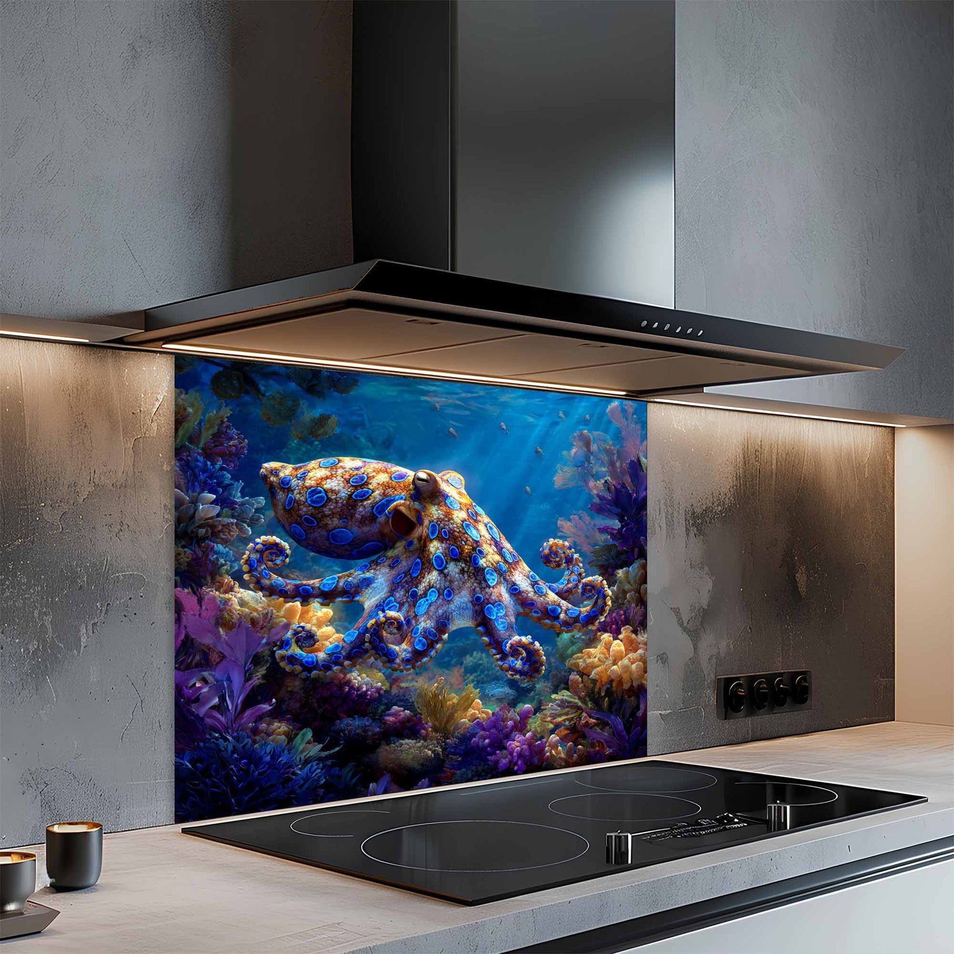 Modern kitchen with a glass splashback featuring an underwater scene with an octopus.