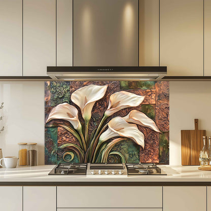 Decorative backsplash with floral design above a stove in a kitchen.