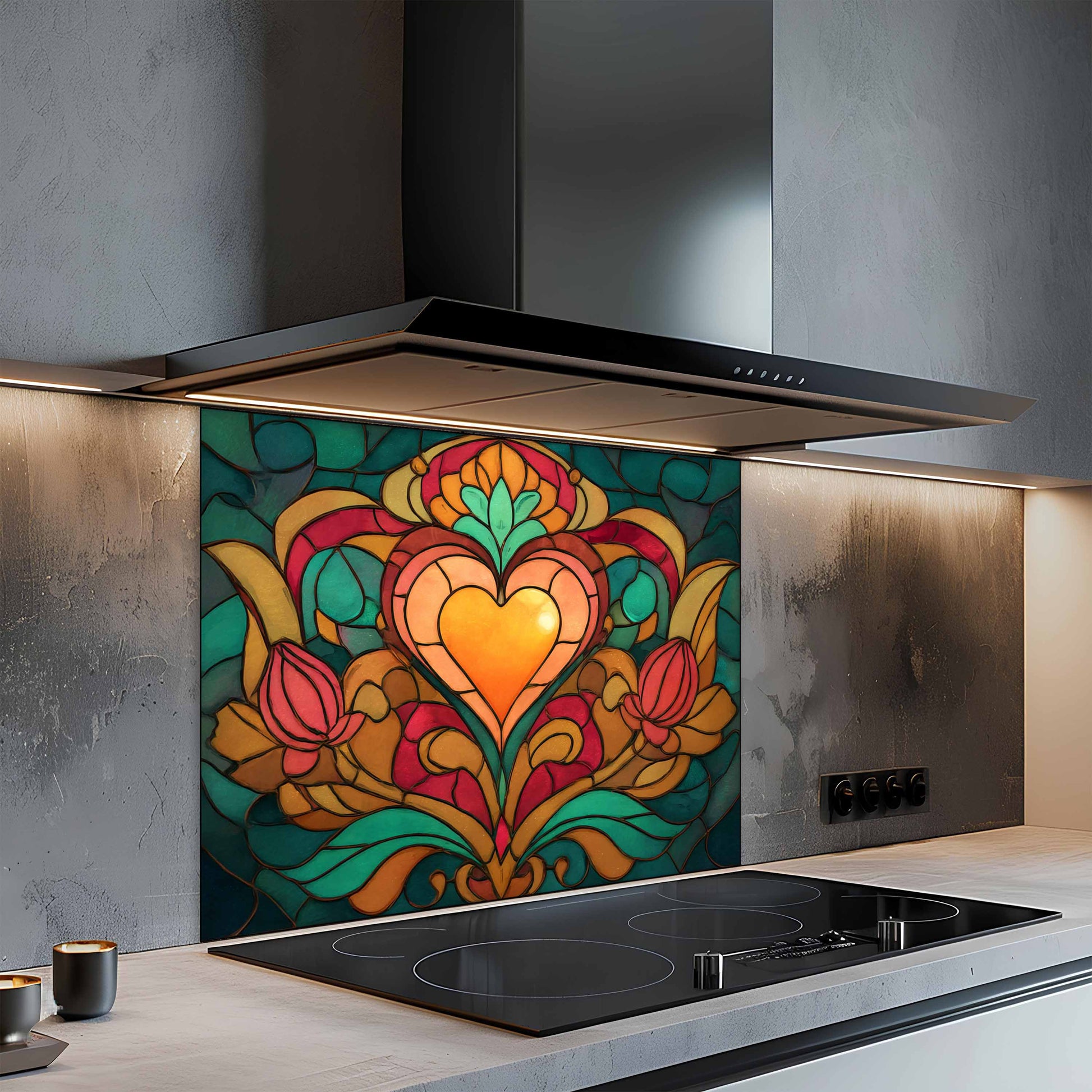 Kitchen stove with a colorful heart design backsplash