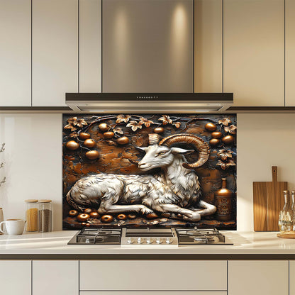 Decorative glass splashback with a ram design in a kitchen setting
