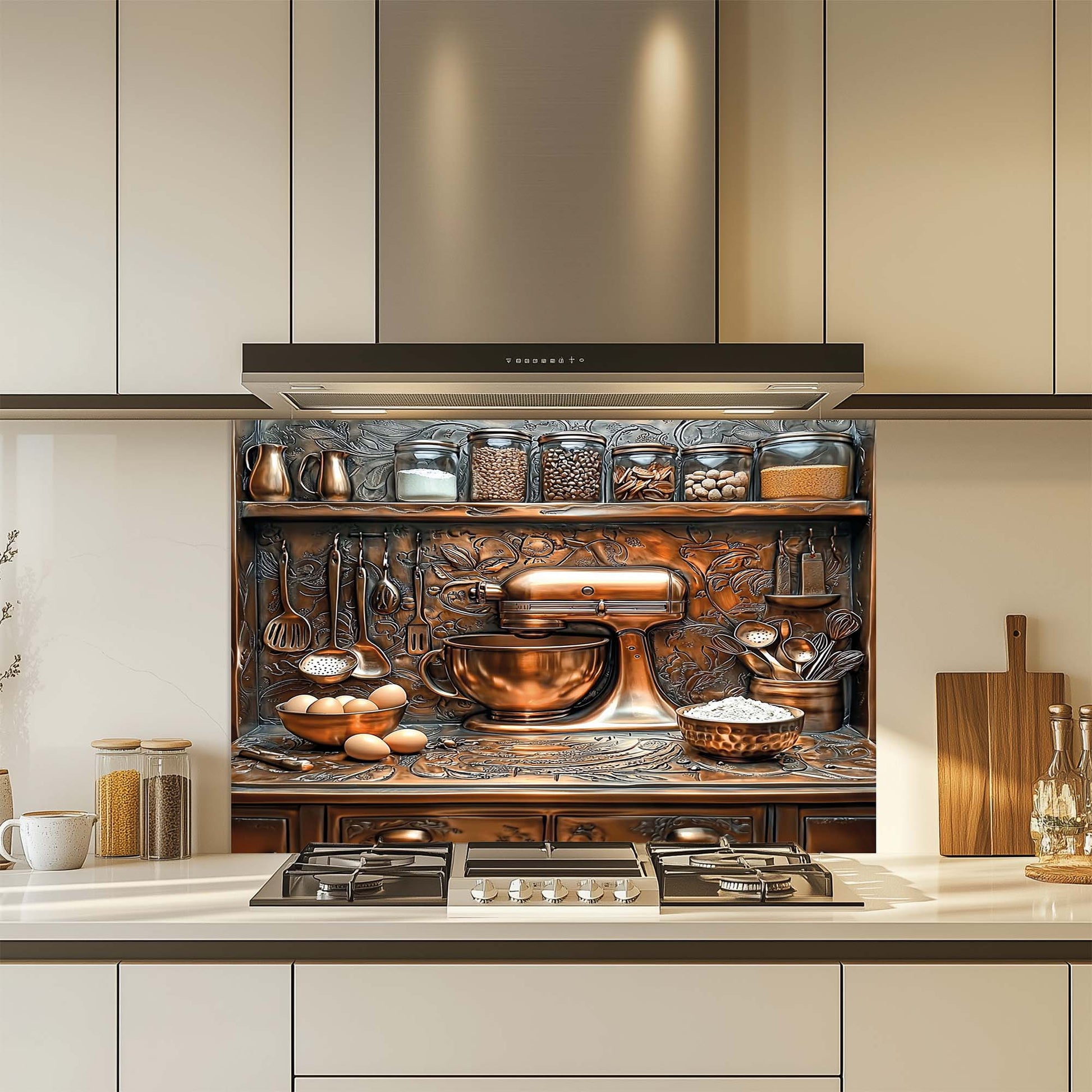 Modern kitchen with decorative glass backsplash featuring copper kitchenware and appliances.