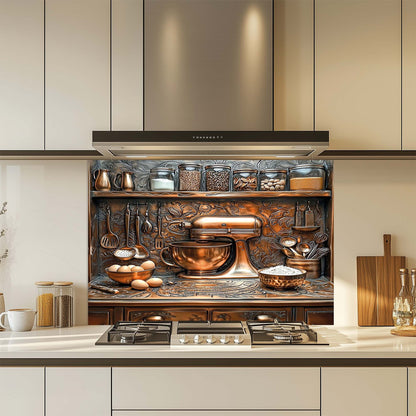 Modern kitchen with decorative glass backsplash featuring copper kitchenware and appliances.