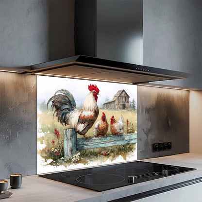 Modern kitchen with a decorative glass splashback featuring chickens and a barn.
