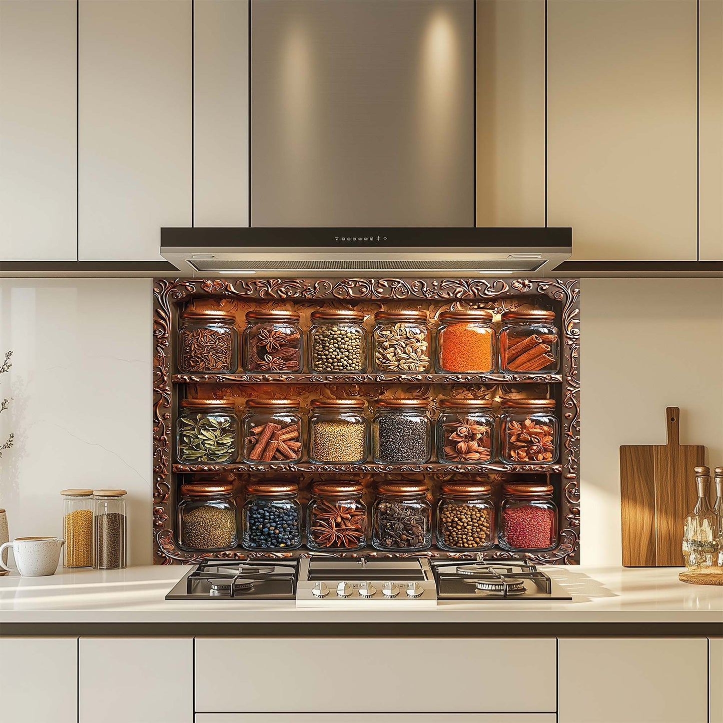 Decorative glass backsplash with jars of spices in a modern kitchen