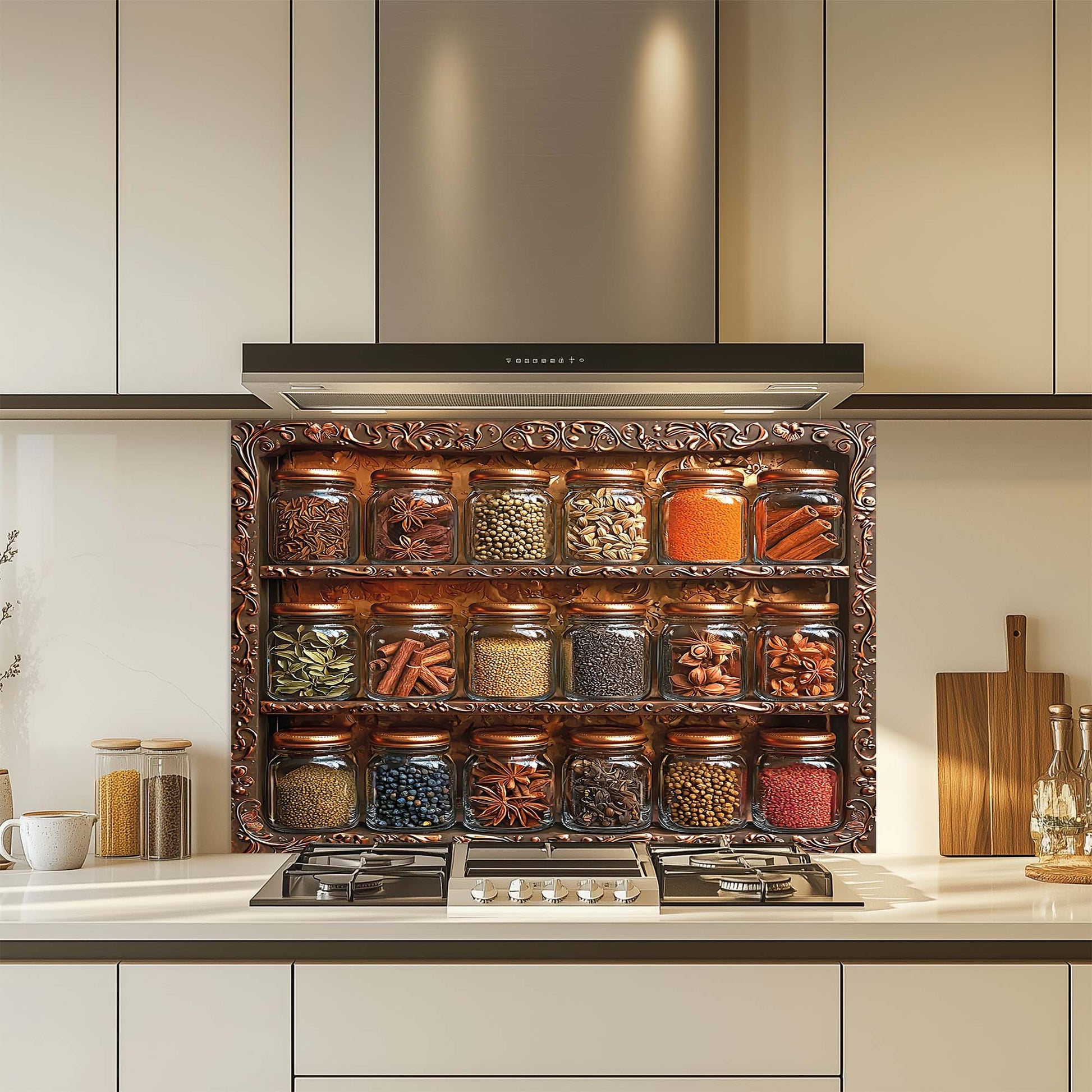 Decorative glass backsplash with jars of spices in a modern kitchen