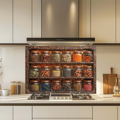 Decorative glass backsplash with jars of spices in a modern kitchen
