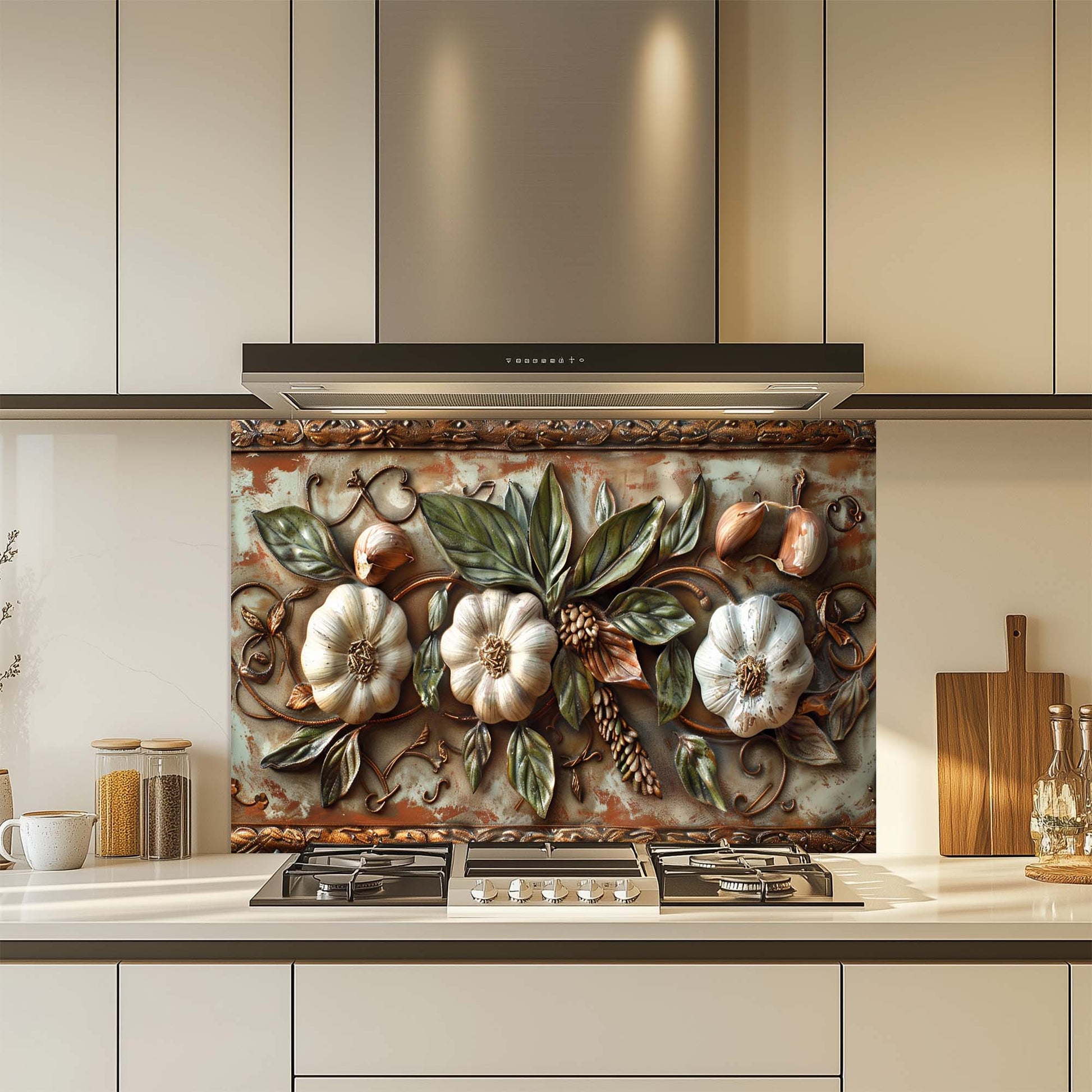 Decorative floral glass backsplash in a kitchen setting