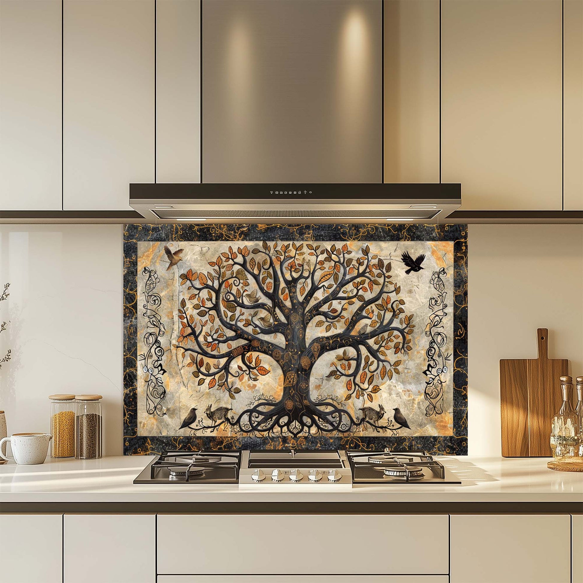 Decorative kitchen backsplash with a tree design in a modern kitchen.