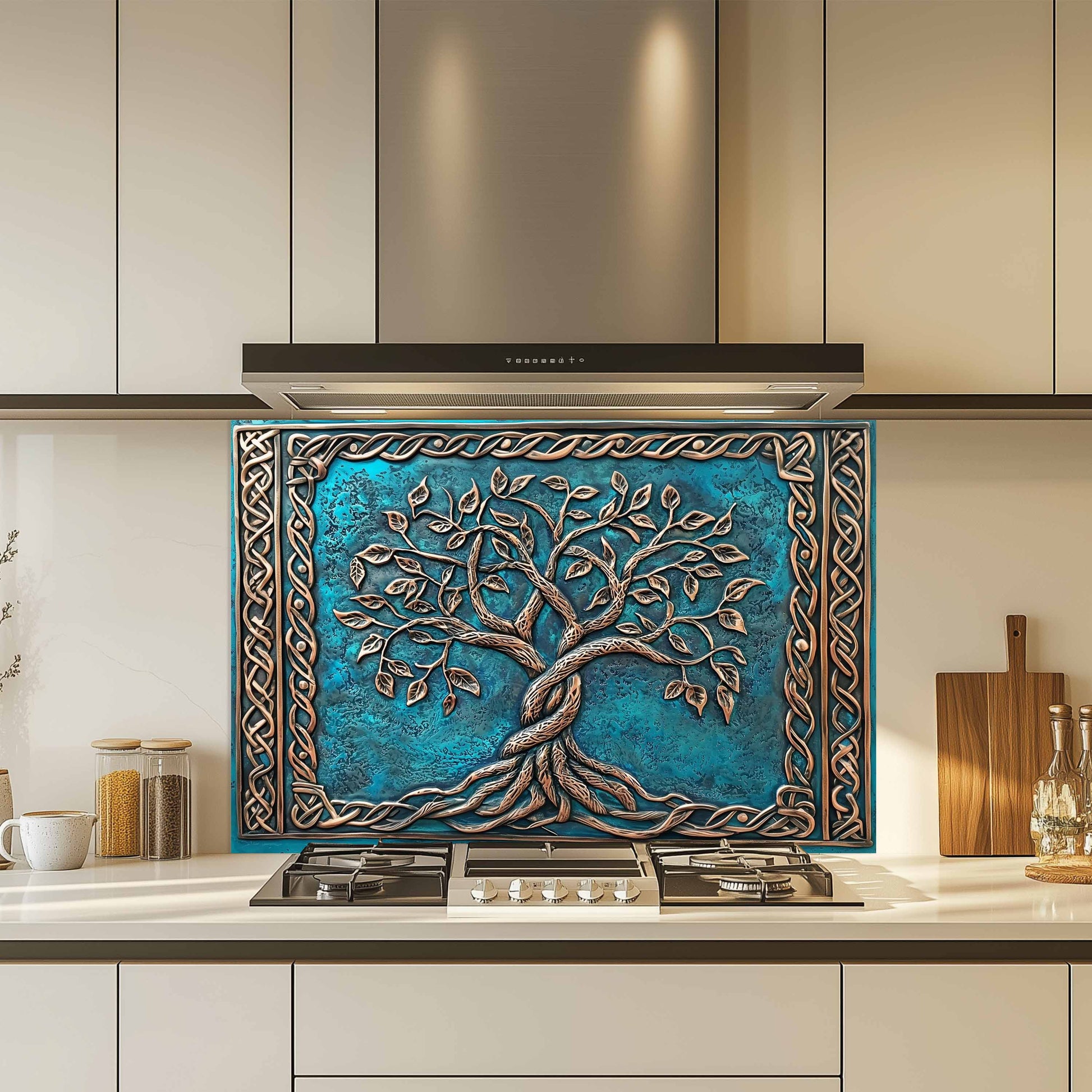 Decorative backsplash with a tree design over a kitchen stove