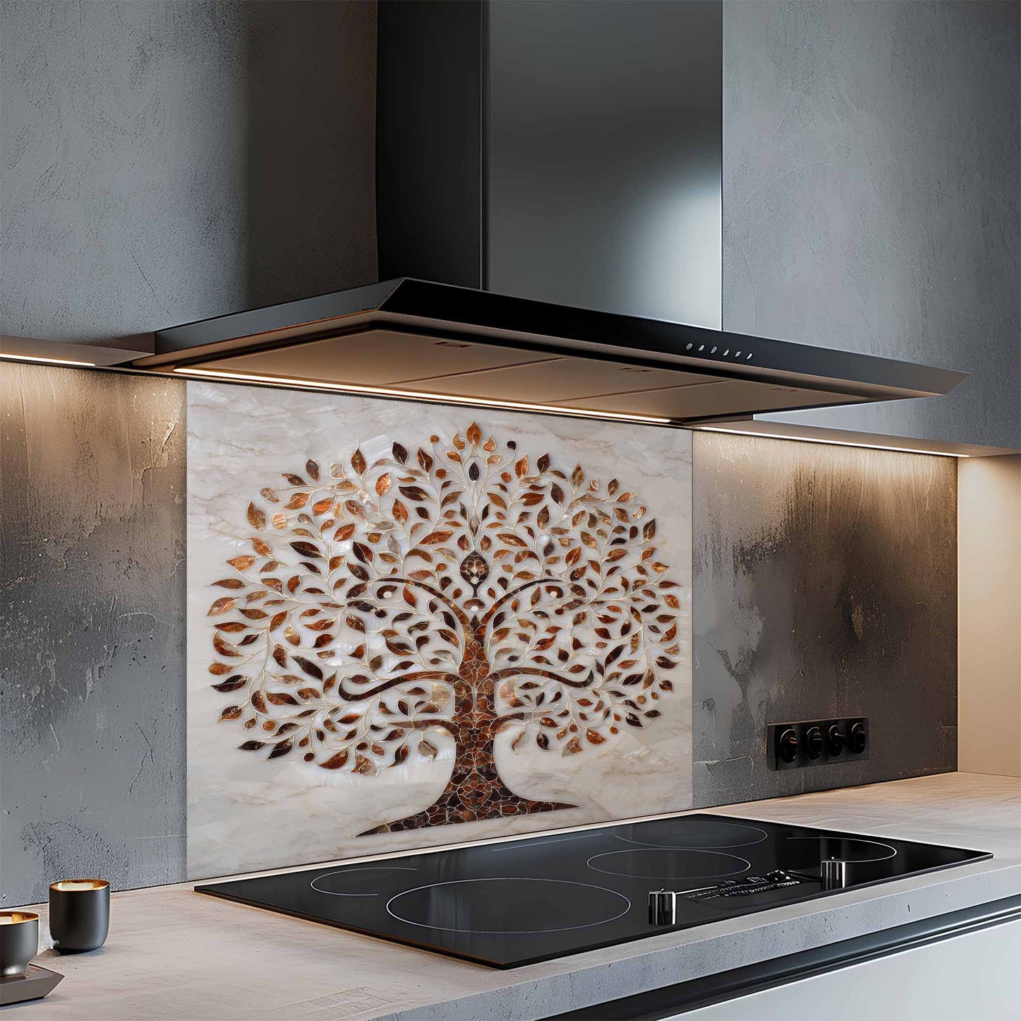 Modern kitchen with a decorative glass backsplash featuring a tree design.