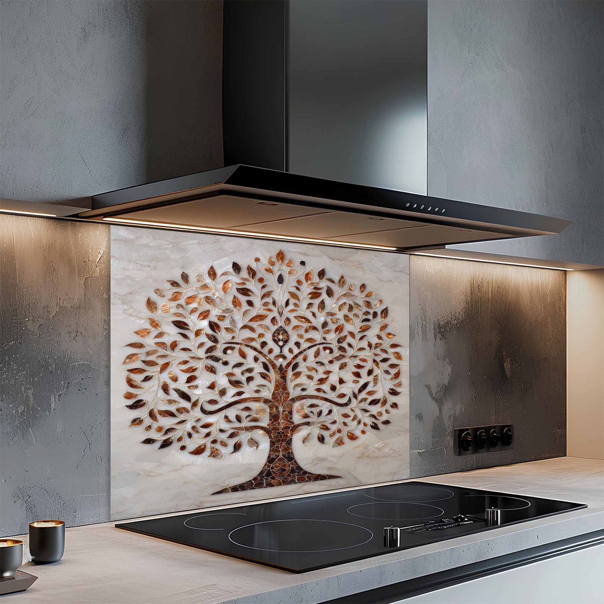 Modern kitchen with a decorative glass backsplash featuring a tree design.