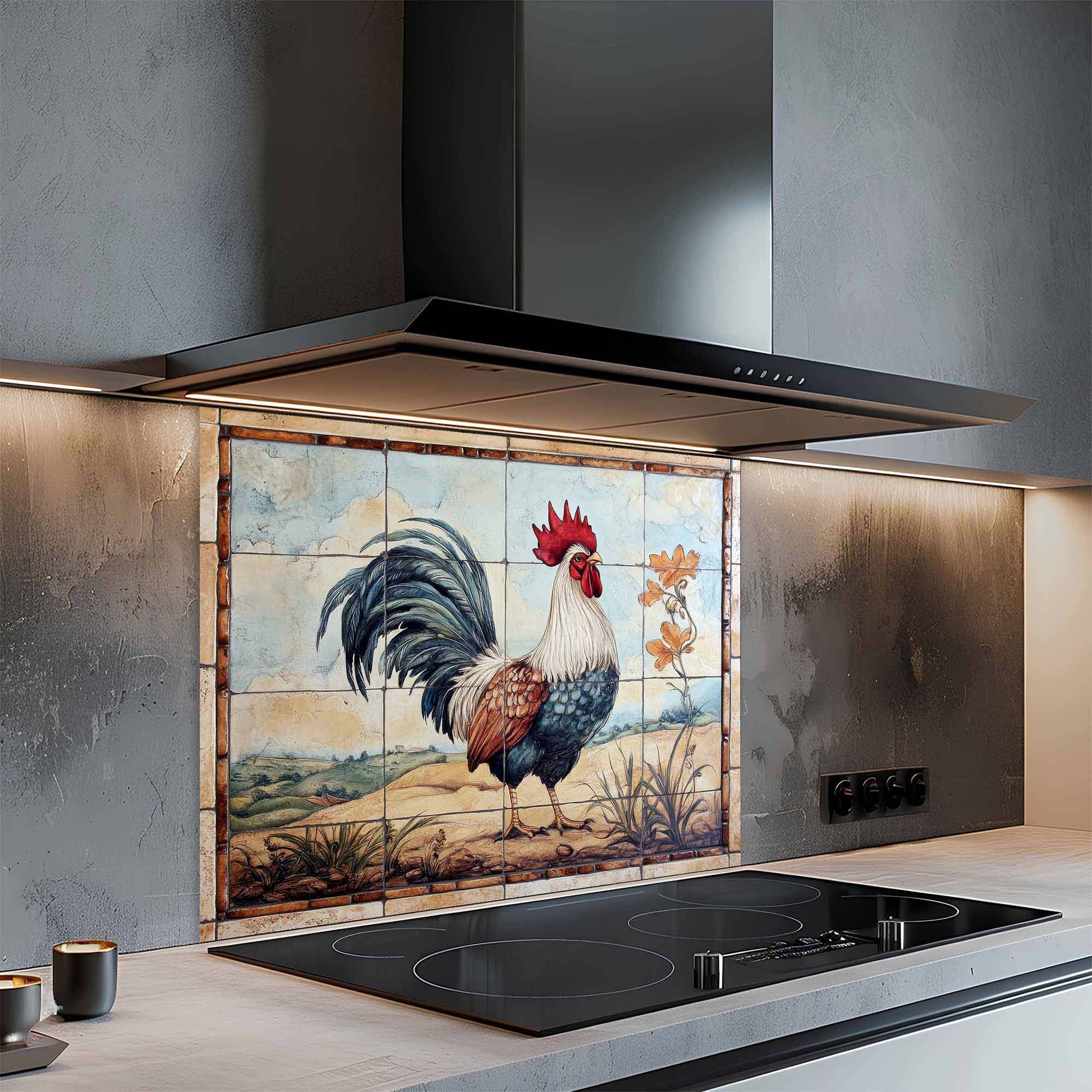 Kitchen with a decorative rooster glass backsplash