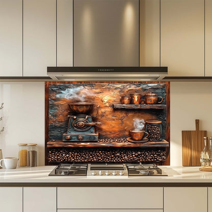 Decorative glass splashback with coffee-themed design in a kitchen.