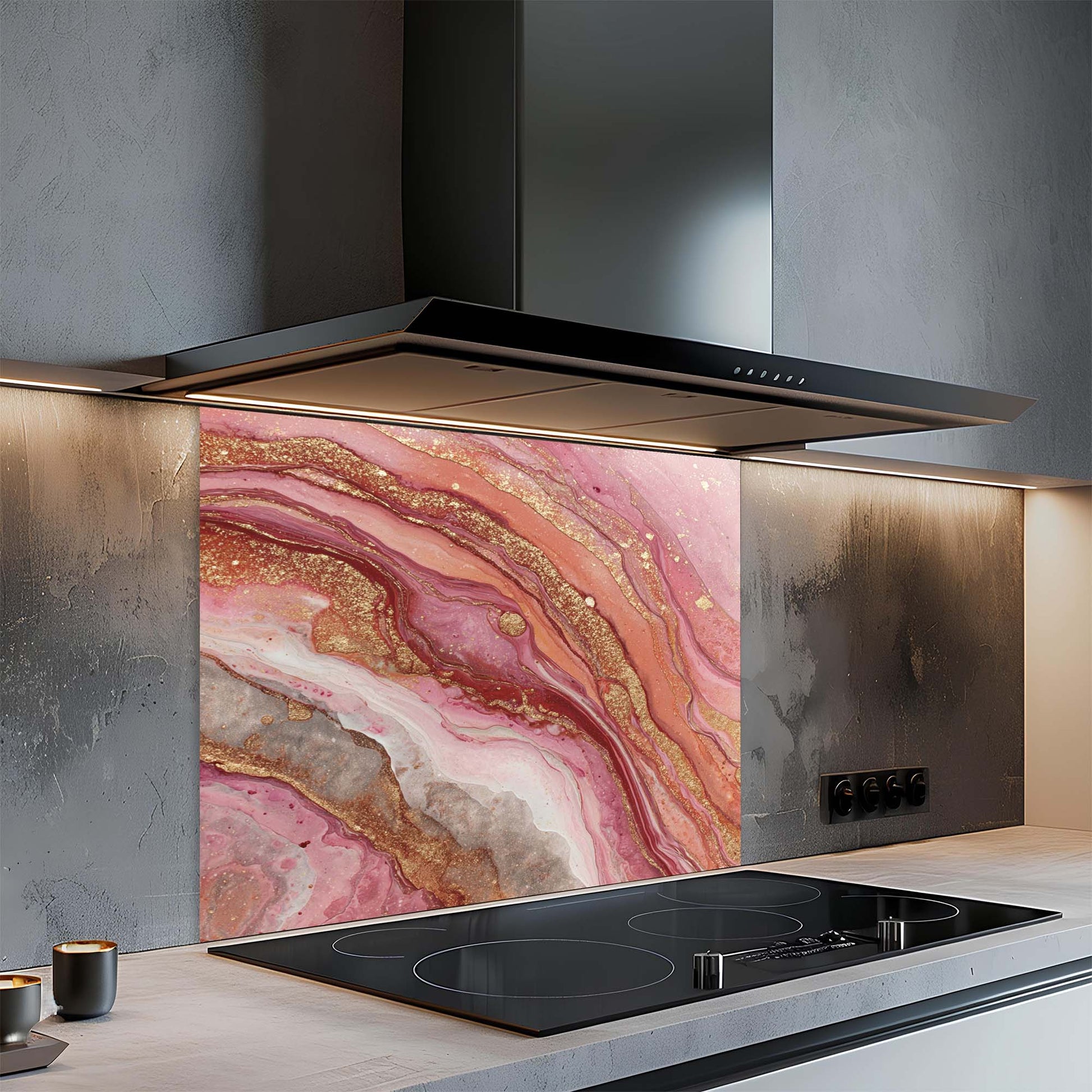 Modern kitchen with a pink and gold marbled look glass backsplash and black stovetop.