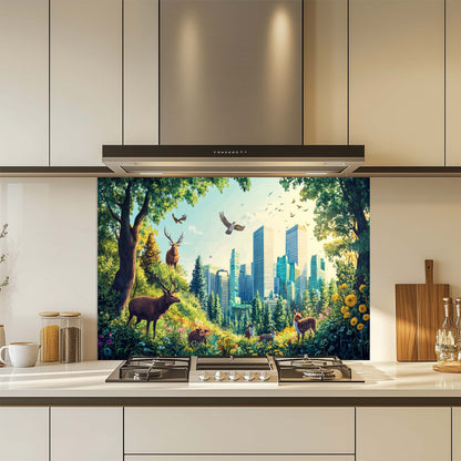 Kitchen with a decorative glass splashback featuring a nature scene with deer and city skyline.