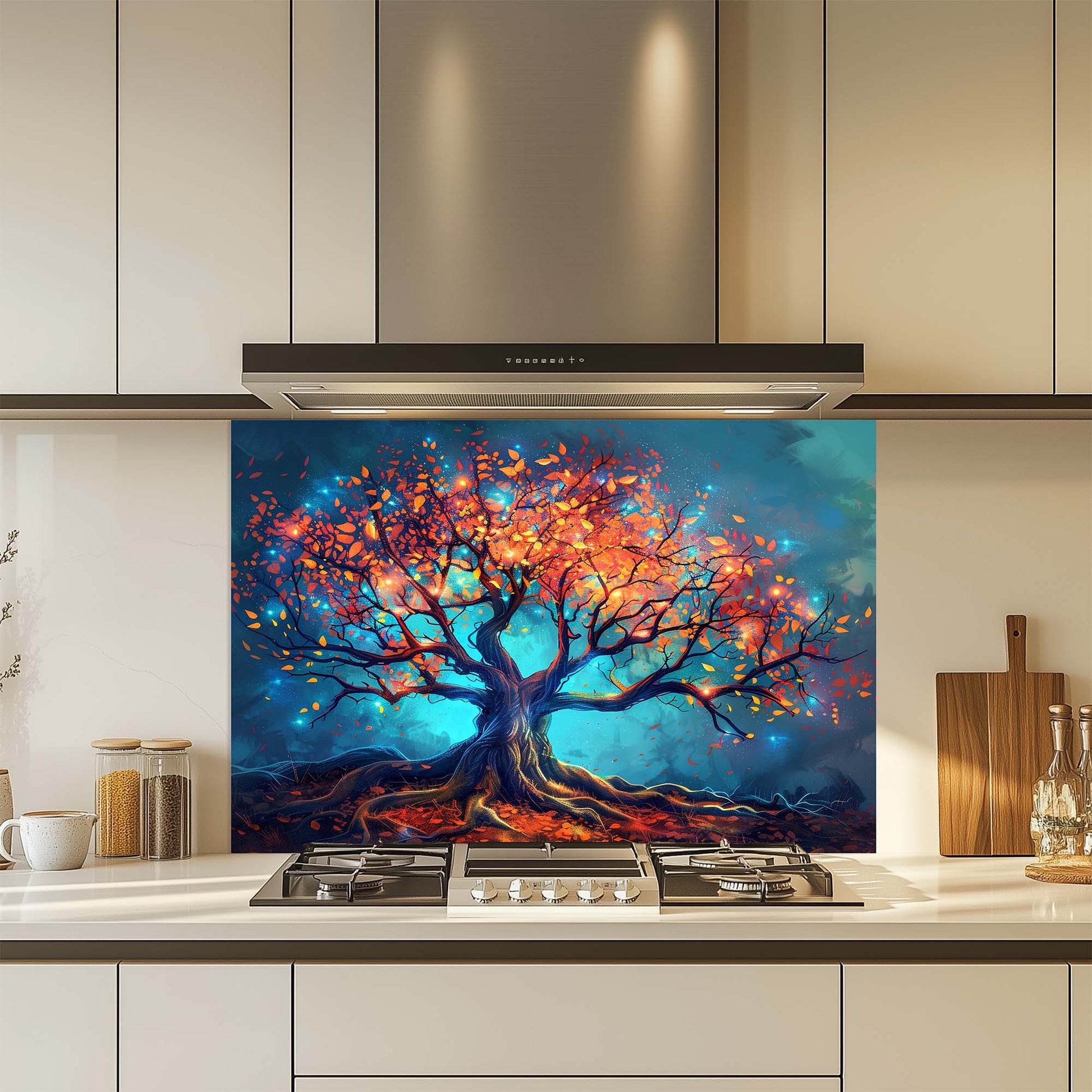 Kitchen with a colorful tree design glass splashback over a stove