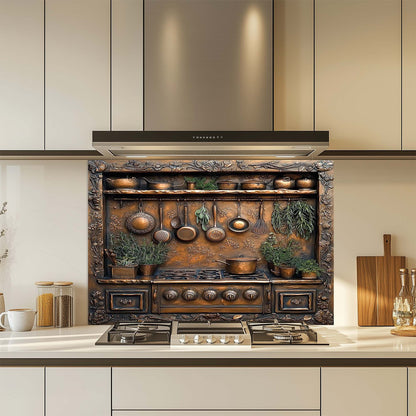Decorative glass backsplash with pots and pans in a modern kitchen