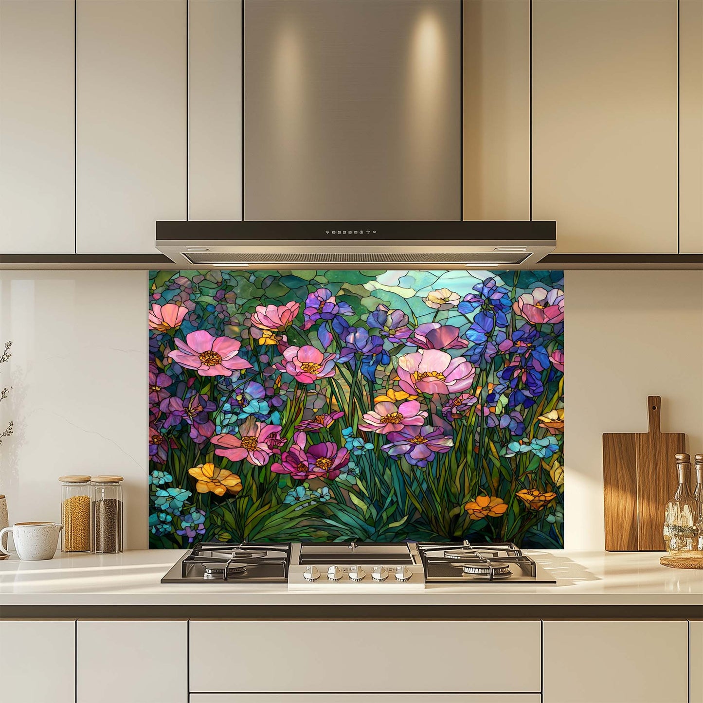Kitchen with a colorful floral design glass backsplash over a stove.
