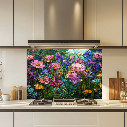 Kitchen with a colorful floral design glass backsplash over a stove.
