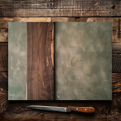 Glass cutting board with a wooden knife on a rustic wooden surface