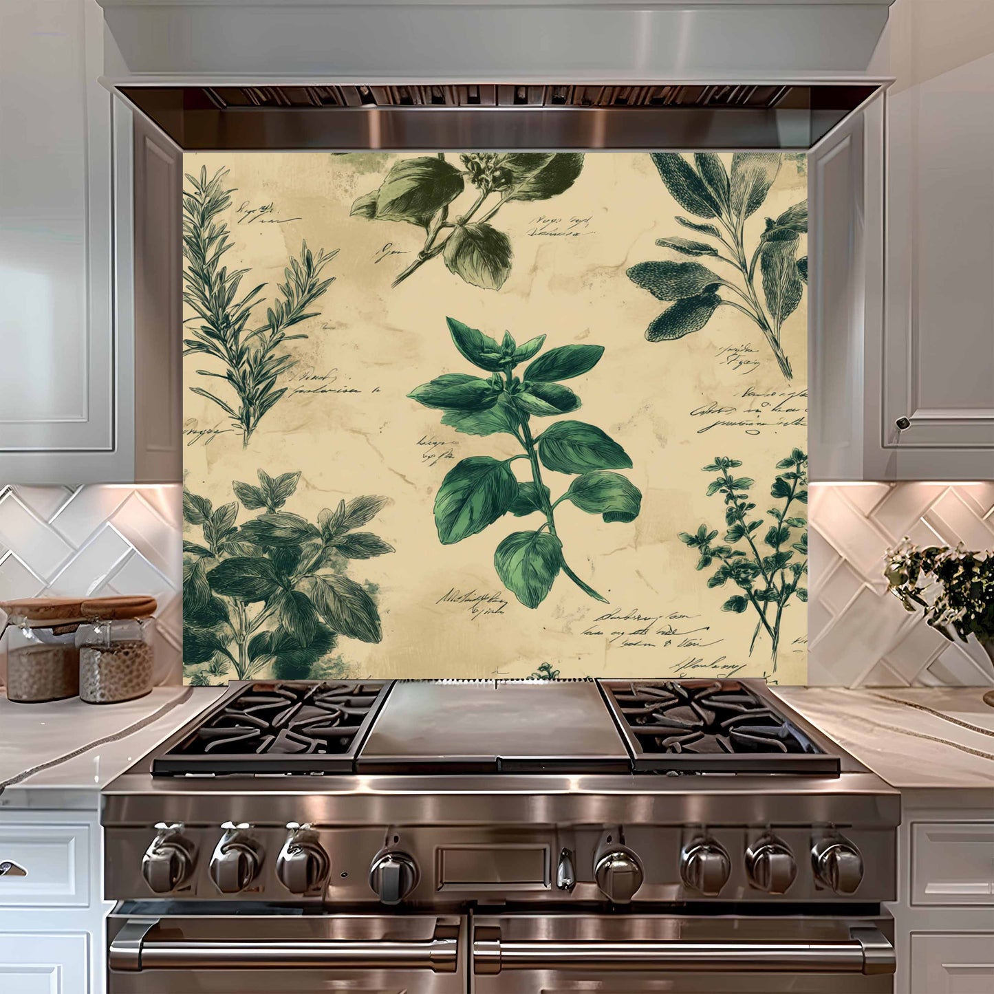 Stainless steel stove with decorative botanical backsplash in a kitchen setting