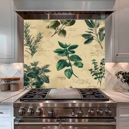 Stainless steel stove with decorative botanical backsplash in a kitchen setting