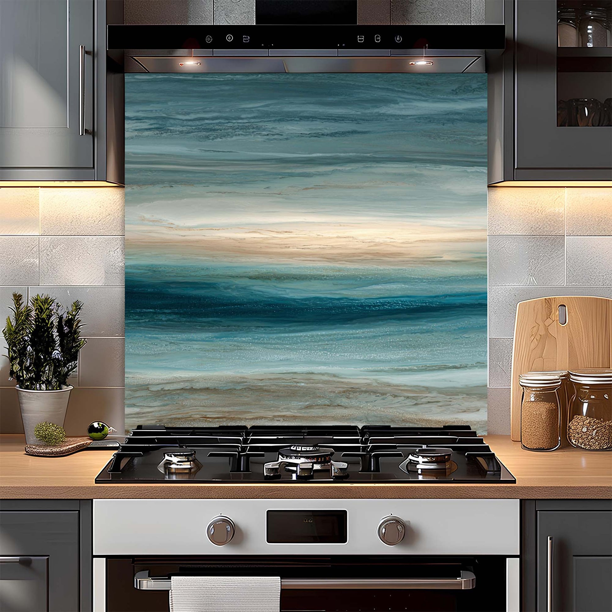 Kitchen with a decorative glass backsplash featuring a beach scene.
