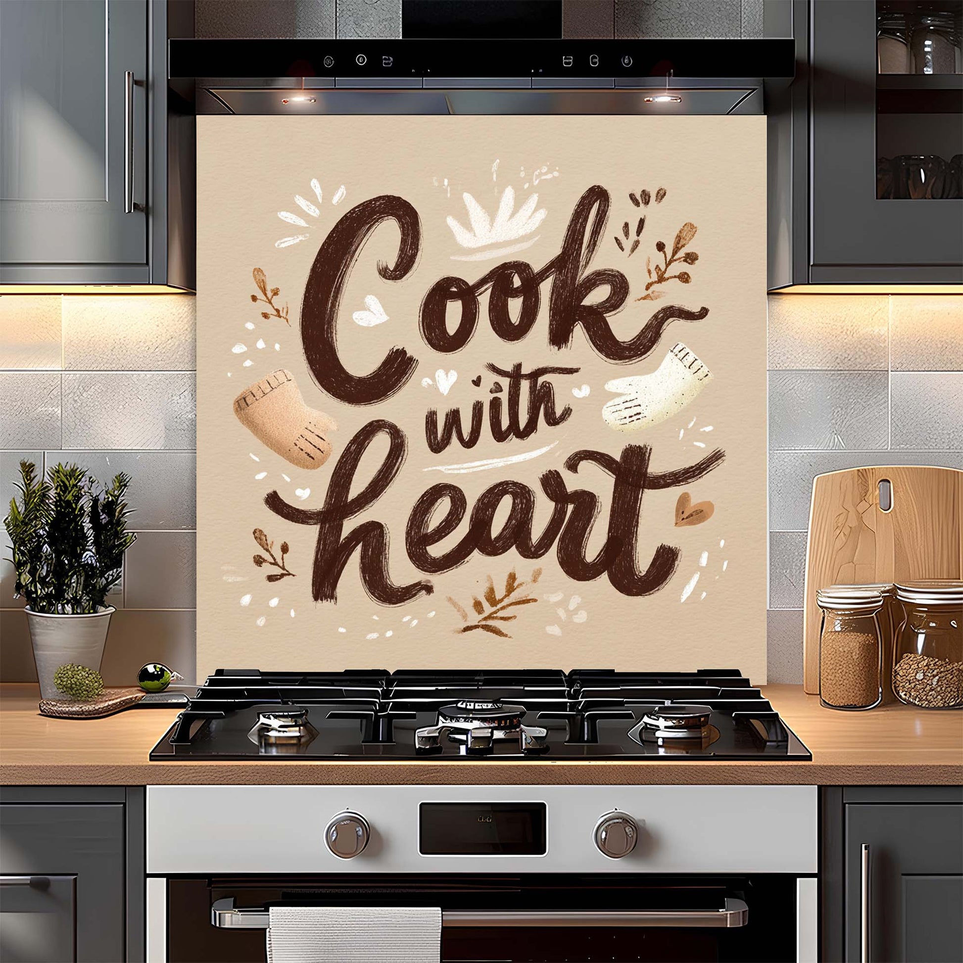 Kitchen stove with decorative glass backsplash featuring 'Cook with heart' text